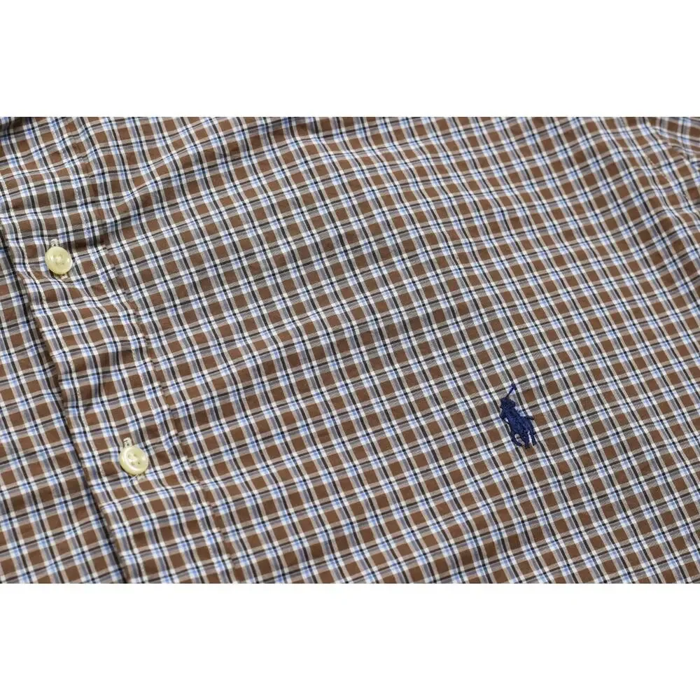 Polo Ralph Lauren Shirt 3XB Brown Blue Plaid Check 100% Cotton Stretch Long Slee